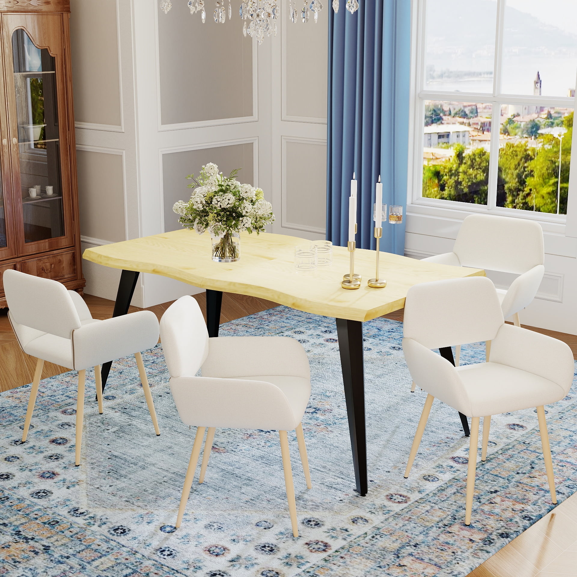 Homy Casa 4 Seater Chair Dining Table Set with Live Edge Industrial Faux Natural Table and Armchairs, Beige Fabric
