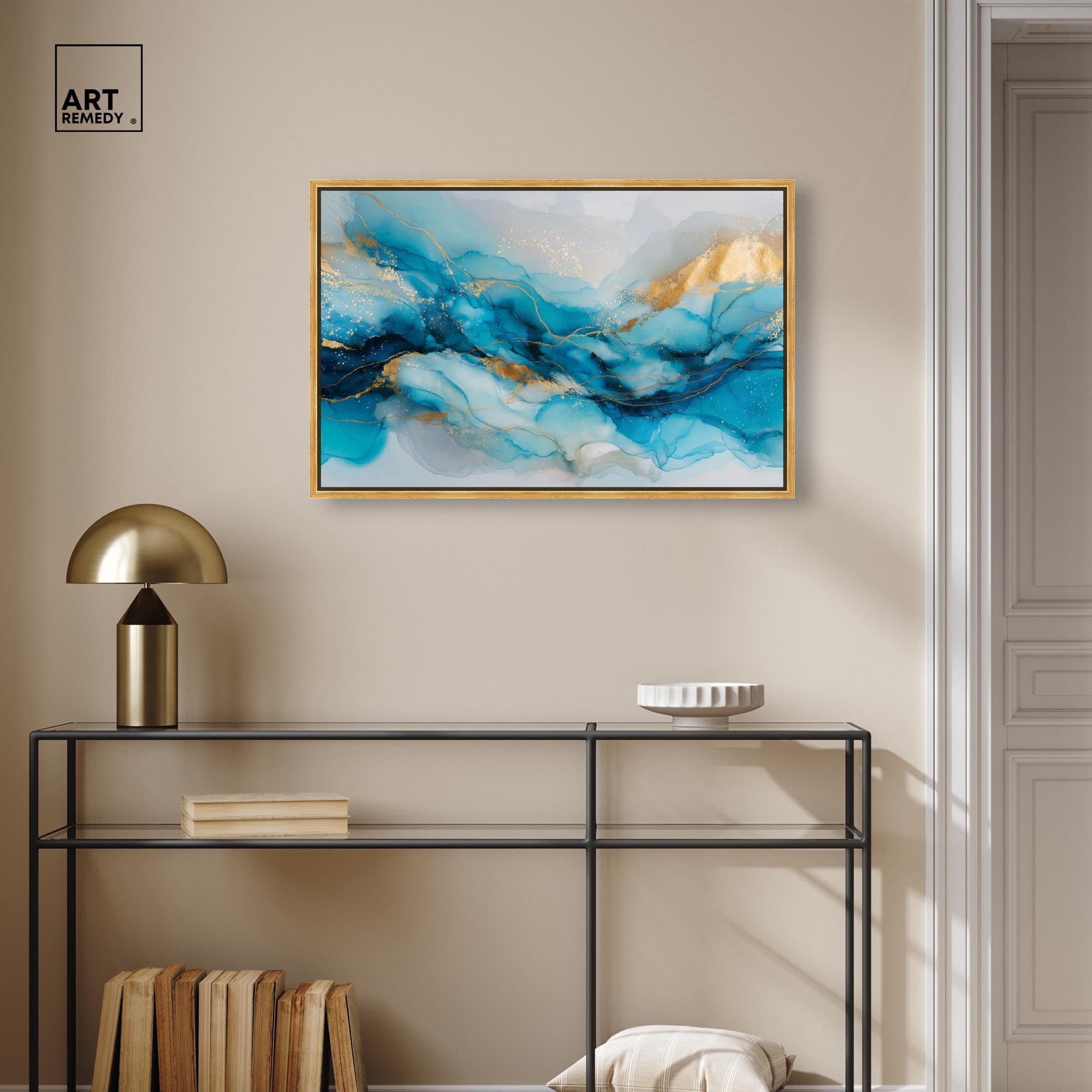 Ethereal Blue and Gold Canvas Abstract Wall Art by Art Remedy, Gold Frame, 30 x 20