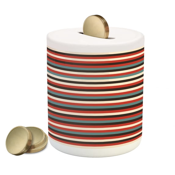 Striped Piggy Bank, Vintage Retro Pattern Geometric 60's Style Red Black Teal and Beige Colored Print, Ceramic Coin Bank Money Box for Cash Saving, 3.6" X 3.2", Multicolor, by Ambesonne