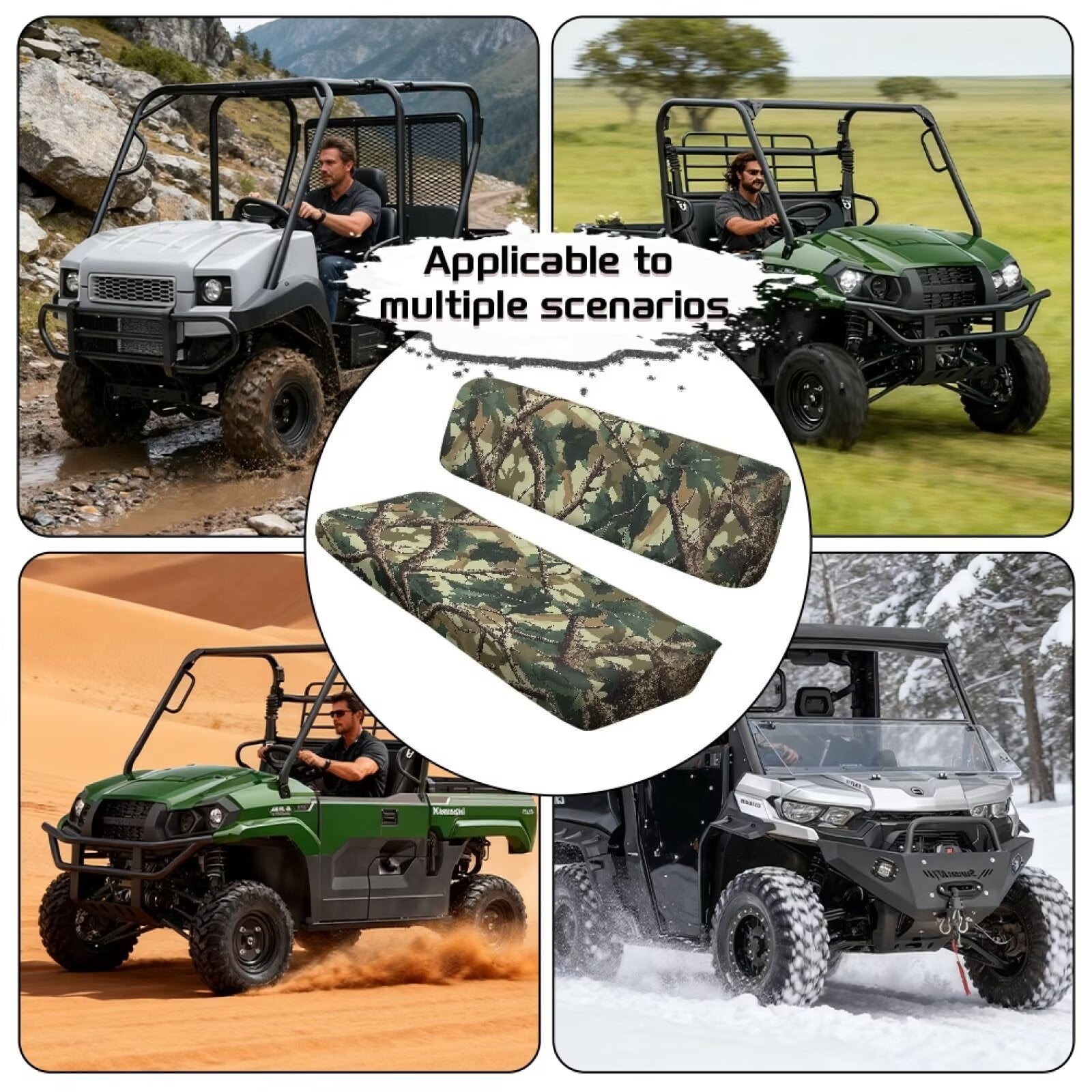 Uorisanigo UTV Seat Covers Set Scratch-Proof Polyester Material, Green Hunting Camo Forest Mule Bench Seat Cover Fits for Kawasaki Mule 4010 4x4 2009-2025, UTV Accessories for All Seasons
