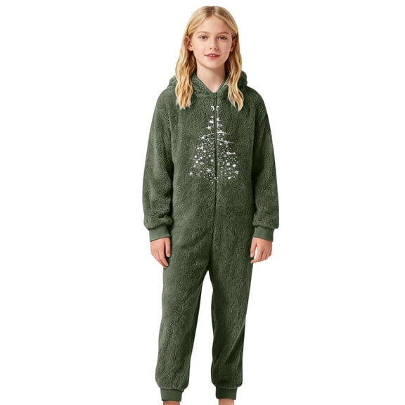 Weebloom Christmas Kids Hooded Onesie Pajamas Flannel Cozy Snowflake Print Jumpsuit Romper Winter Holiday Outfit Soft Pjs Loungewear For Boys Girls Army Green 9-10 Years