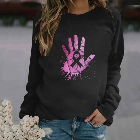 CLOISE Cancer Sweatshirt Women Breast Cancer Awareness Sweatshirt Hand Ribbon Pink Crewneck Long Sleeve Shirts Cancer Fight Blouses Comfy Pullover Tops Fall Clothes Black XL