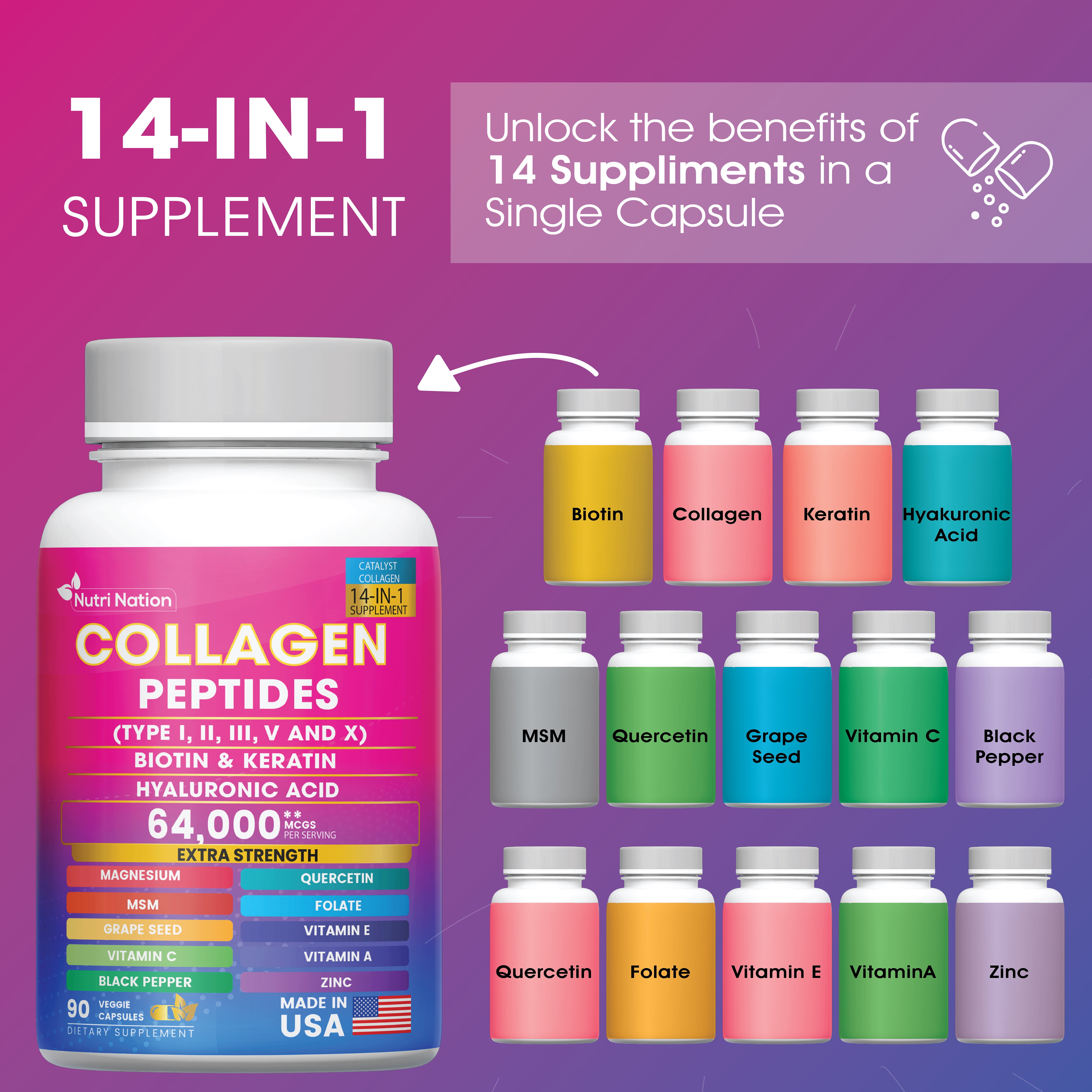Nutri Nation Collagen Peptide Capsules for Skin, Hair, Nails, Type I, II, III, V & X, 90 Count