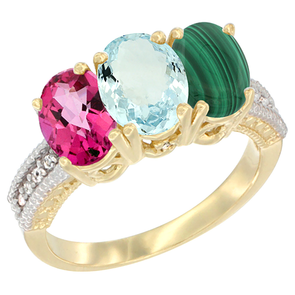 14K Yellow Gold Natural Pink Topaz, Aquamarine & Malachite Ring 3-Stone 7x5 mm Oval Diamond Accent, sizes 5 10 by WorldJewels