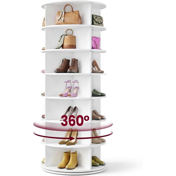 Tour d'Étagère à Chaussures Rotative à 7 Niveaux, Organisateur de Chaussures Autoportant à Rotation à 360 Degrés, Présentoir de Sacs de Rangement pour Paresseux, pour Coins, Garde-Robes, Petits Espaces, Blanc
