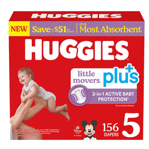 Huggies Little Movers Plus Baby Diapers Size 5, 156 Count, 27  lbs, Leak Protection, DryTouch Liner, Fragrance Free Disposable Diapers