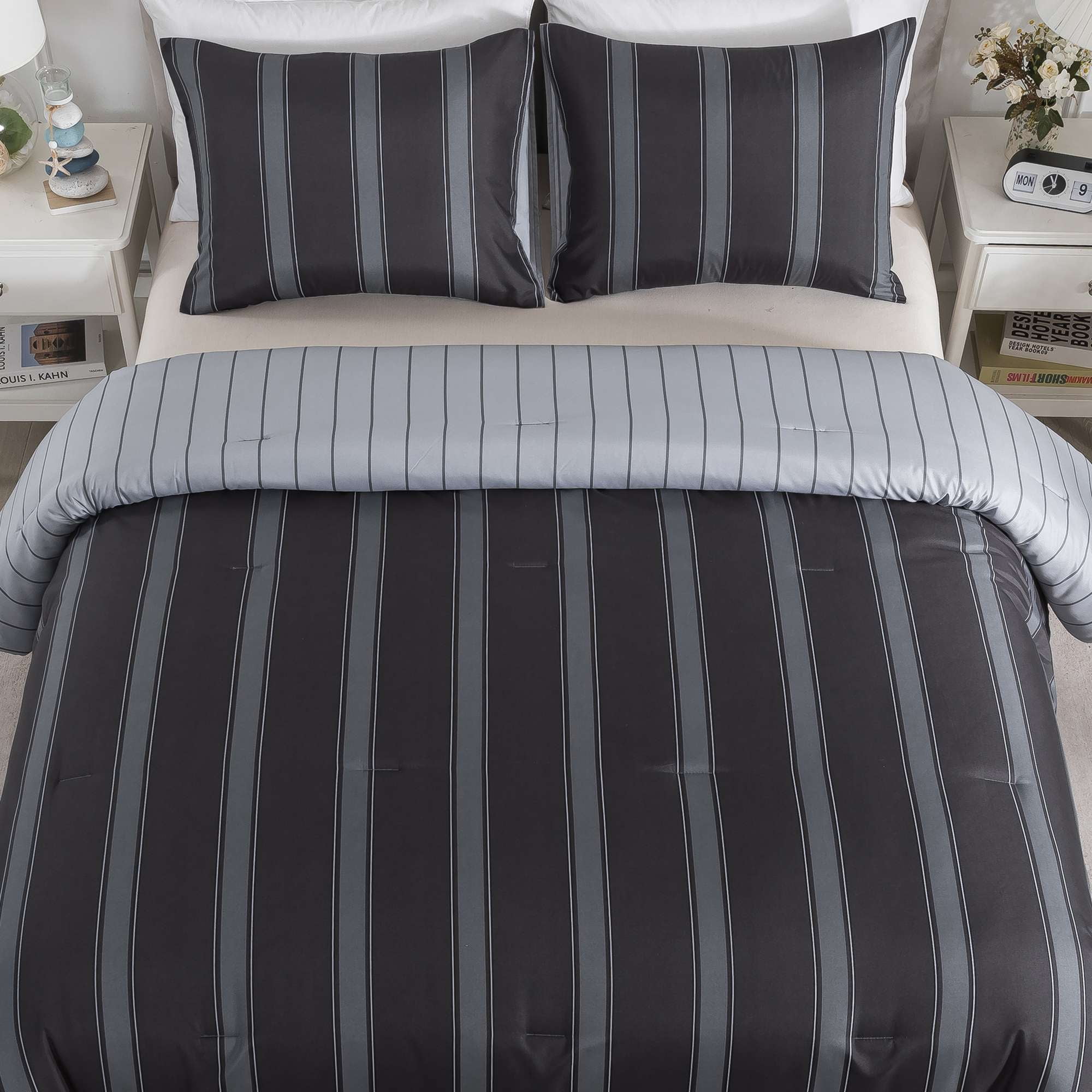 Mainstays Full/Queen Comforter Set, All-Season, 3-Piece, Dark Grey Stripe
