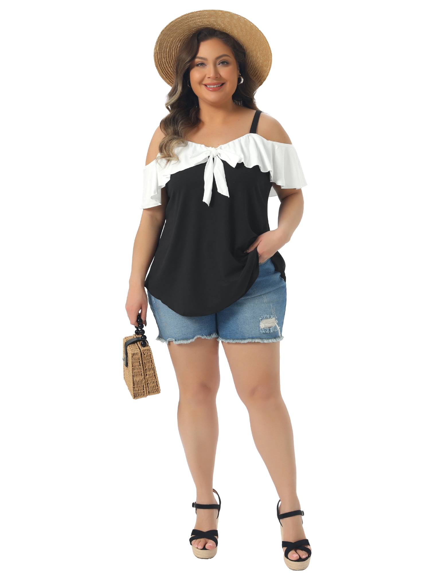 DARING DIVA Women's Plus V Neck Off Shoulder Short Sleeve Tee Tops 4X Black