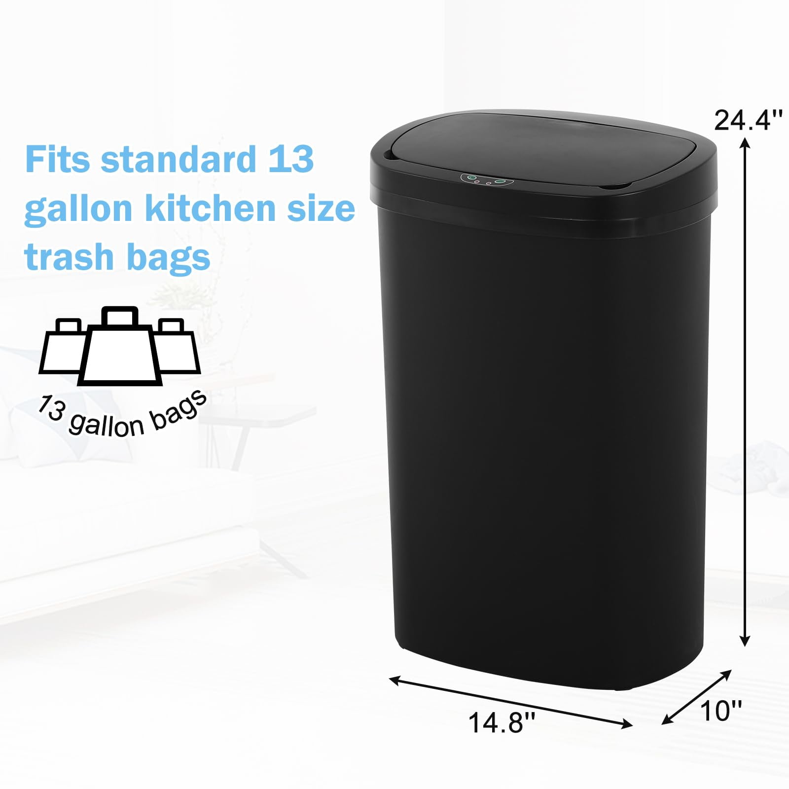 13 Gallon Automatic Sensor Kitchen Trash Can | 49L High-Capacity, Waterproof for Office, Bathroom & Bedroom | Black (1-Pack)
