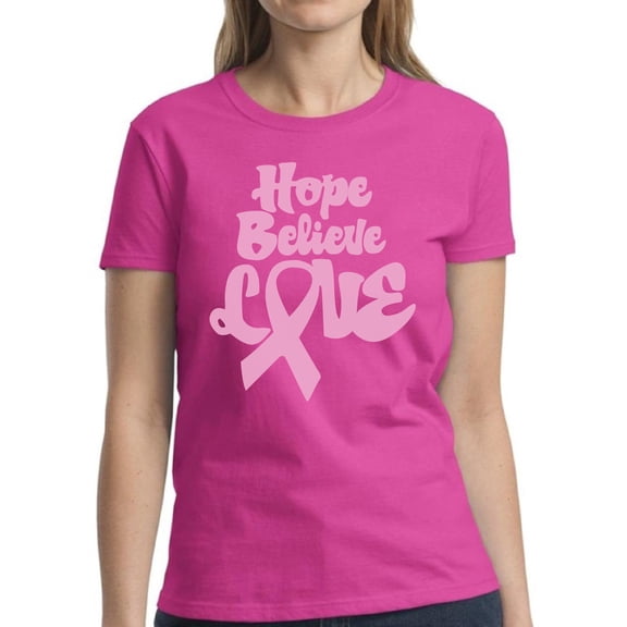 Hope Believe Love Pink Ribbon TShirt for Women Support Mom Ladies T-Shirt - S M L XL 2XL 3XL Graphic Tee - Breast Cancer Awareness Gift Women Top Shirt