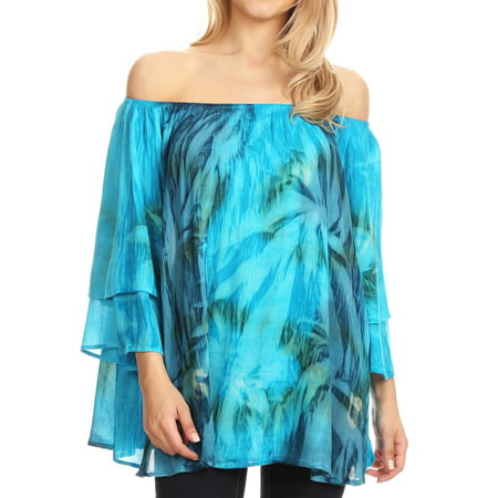 Sakkas Alania Watercolor Tie Dye Double Bell Sleeve Raglan Blouse - Blue / Turq - One Size (Best Colour Tie With Navy Suit)
