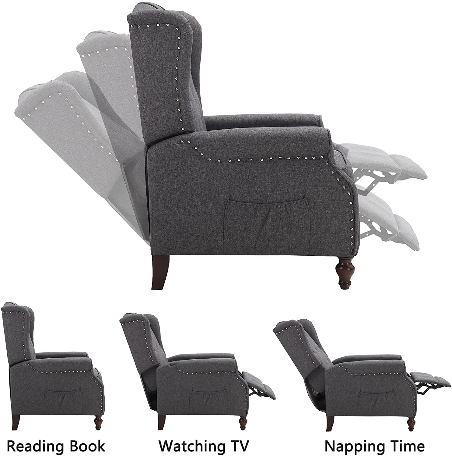 LVUYOYO Fabric Wingback Recliner Push Back Chair with Heat and Massage, Gray