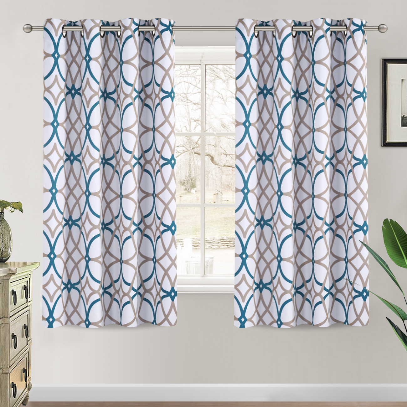 PrimeBeau Thermal Insulated Room Darkening Curtains for Living Room  Blackout Window Treatment Grommet Panels for Bedroom/Dining Room, Teal and  Taupe Geo Pattern Panels 52 by 63 inch Each Panel