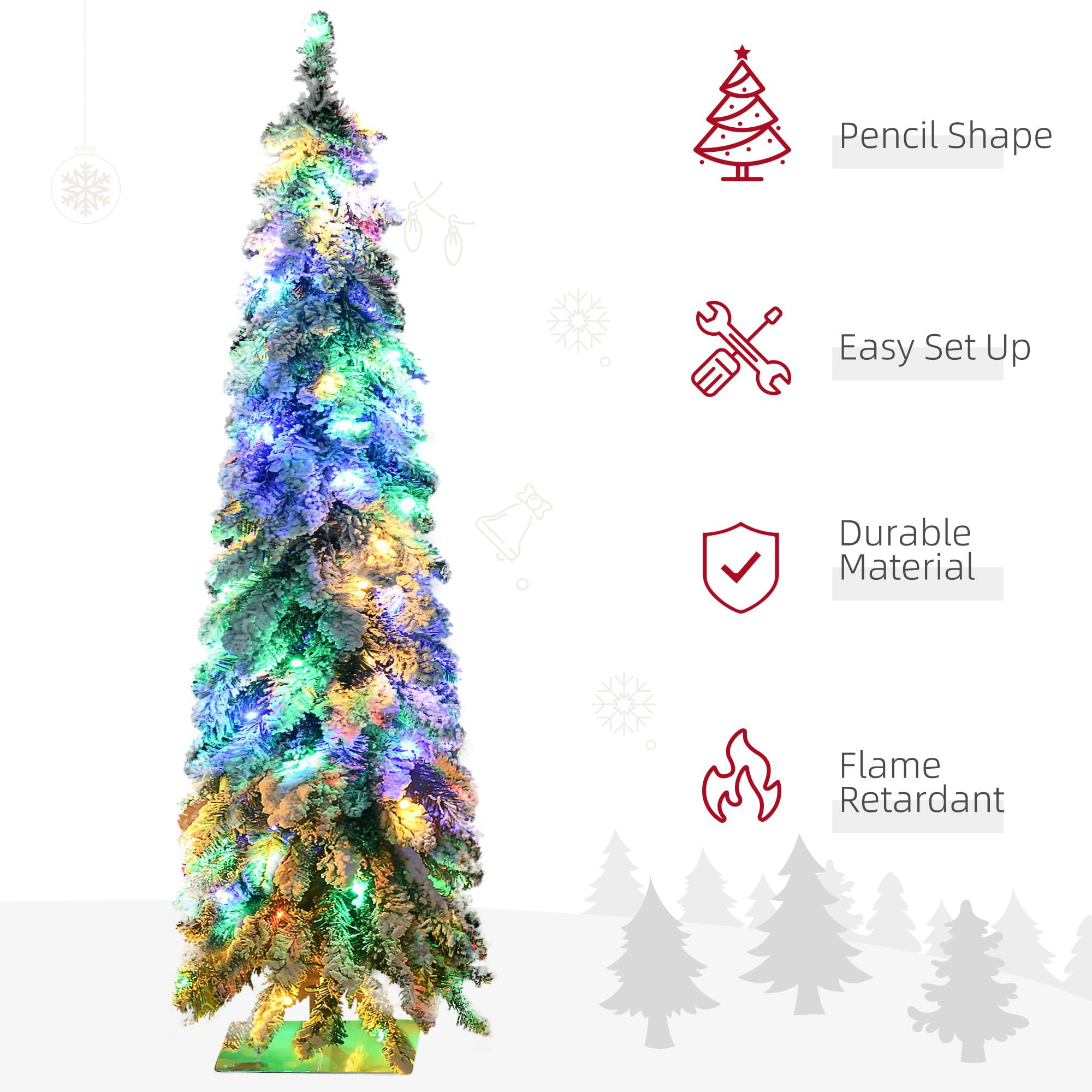 4 ft Artificial Slim Christmas Tree with Snow Frosted Branches, Pre-Lit LED Lights, Downswept Pencil Shape for Small Rooms and Entryways