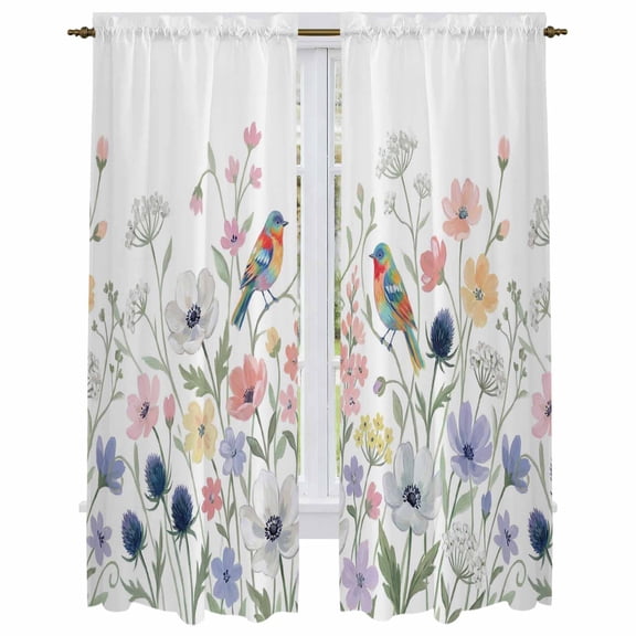 Spring Flowers Kitchen Curtain for Berdoom Living Room Cafe 72 Inch Length, Colored Birds Country Floral Leaves Botanical Tiers Curtains Light Filtering Drapes Window Treatment 2 Panels 52"Wx72"L