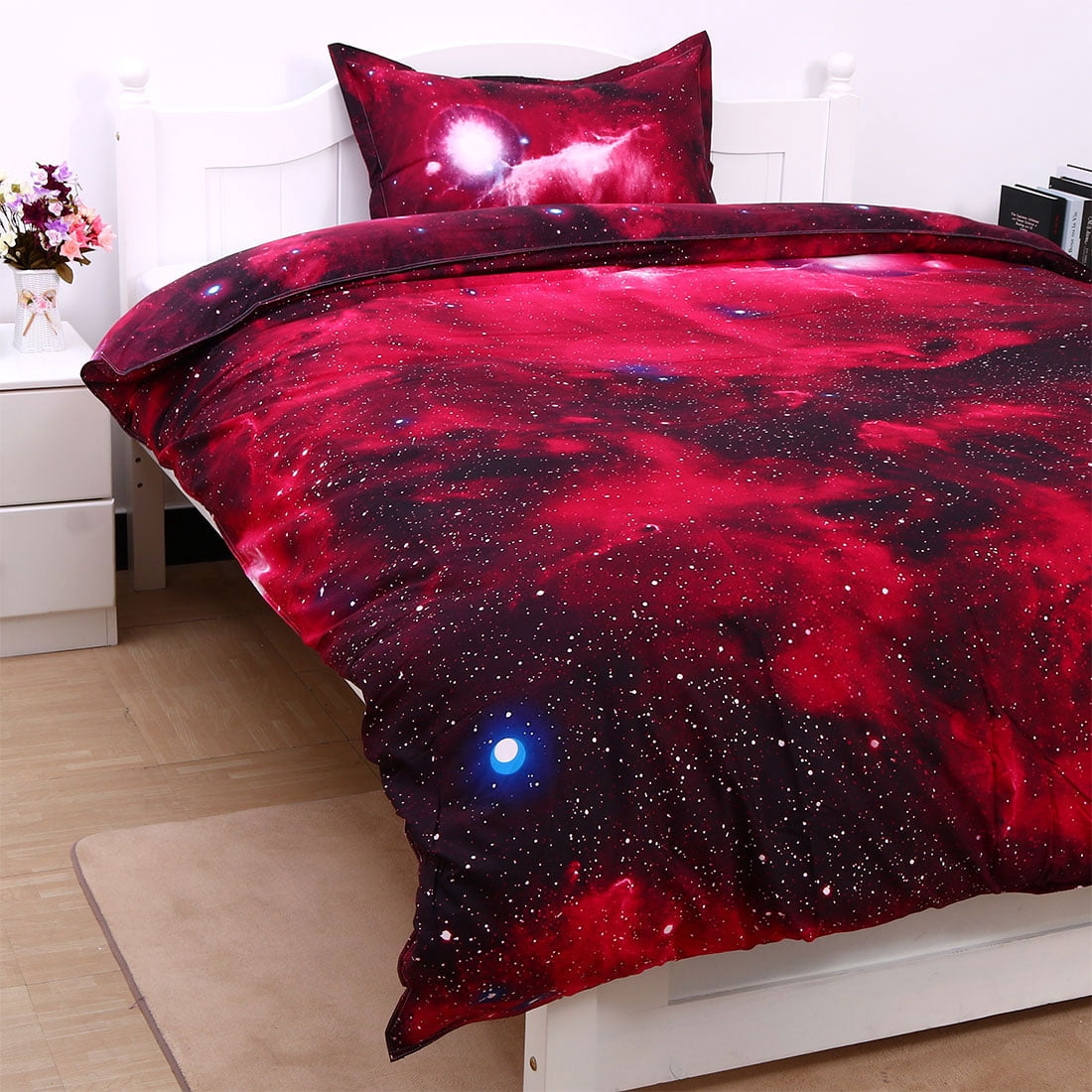 2 Piece 3D Galaxy Duvet Cover Bedding Set with Pillowcase Red Twin