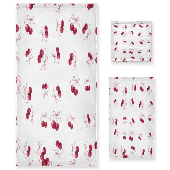 3 Piece Bath Towels Set Bath Towel, Hand Towel and Face Towel for Bathroom, Gym, Hotel Watercolor Cherries Pattern