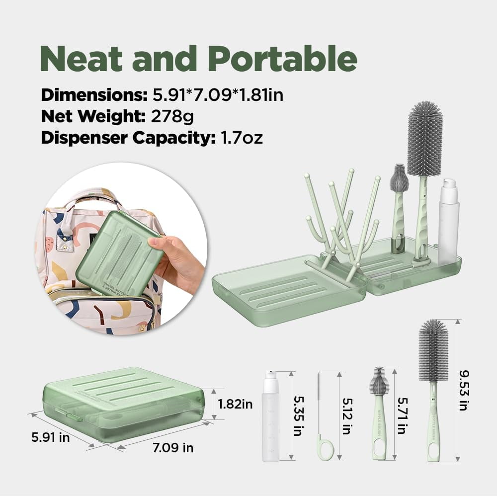 Travel Bottle Brush, Baby Travel Essential Bottle Cleaner Kit with Silicone Bottle Brush, Nipple Cleaner Brush, Straw Brush, Soap Dispenser, Storage Box, Bottle Drying Rack for Home and Travel(Green)
