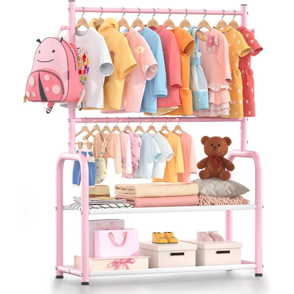 Kids Clothing Rack with 2-Layer Storage Shelf and 2 Adjustable Hanging Rods, Small Baby Closet Organizer for Hanging Clothes, Kids Dress Up Rack for Child (Classic, Pink)