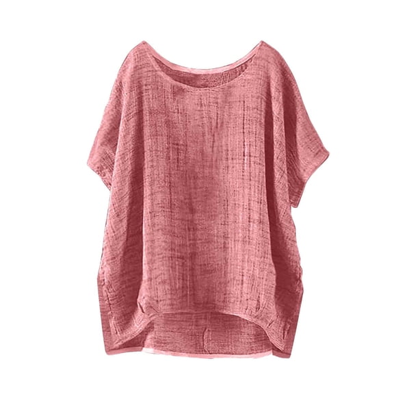 Casual Summer Blouse for Women Short Sleeve Round Neck Top, Solid Color Comfortable T-Shirt with Side Slit Relaxed Fit for Beach