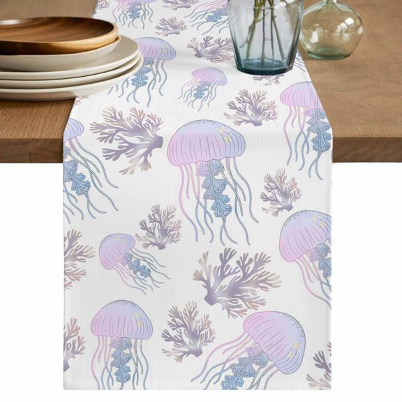 Purple Ocean Table Runner 70 Inches, Summer Watercolor Coastal Sea Jellyfish Corals Bed Runner Dresser Scarves Tabletop for Indoor Outdoor Parties/Ceremony/Banquet, 13" x 70"
