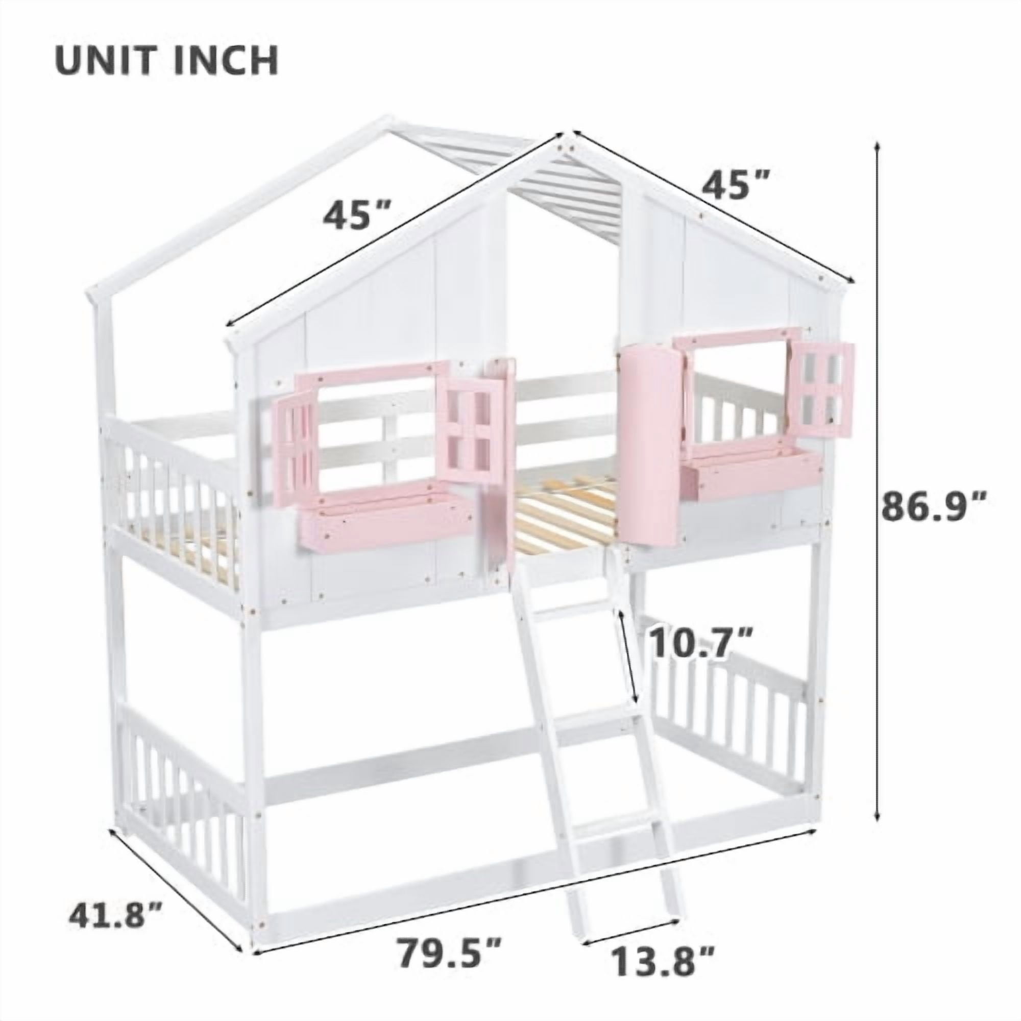 Sailvan Twin over Twin House Bunk Bed with Roof and Window, Low Height Safety Design Pink&White