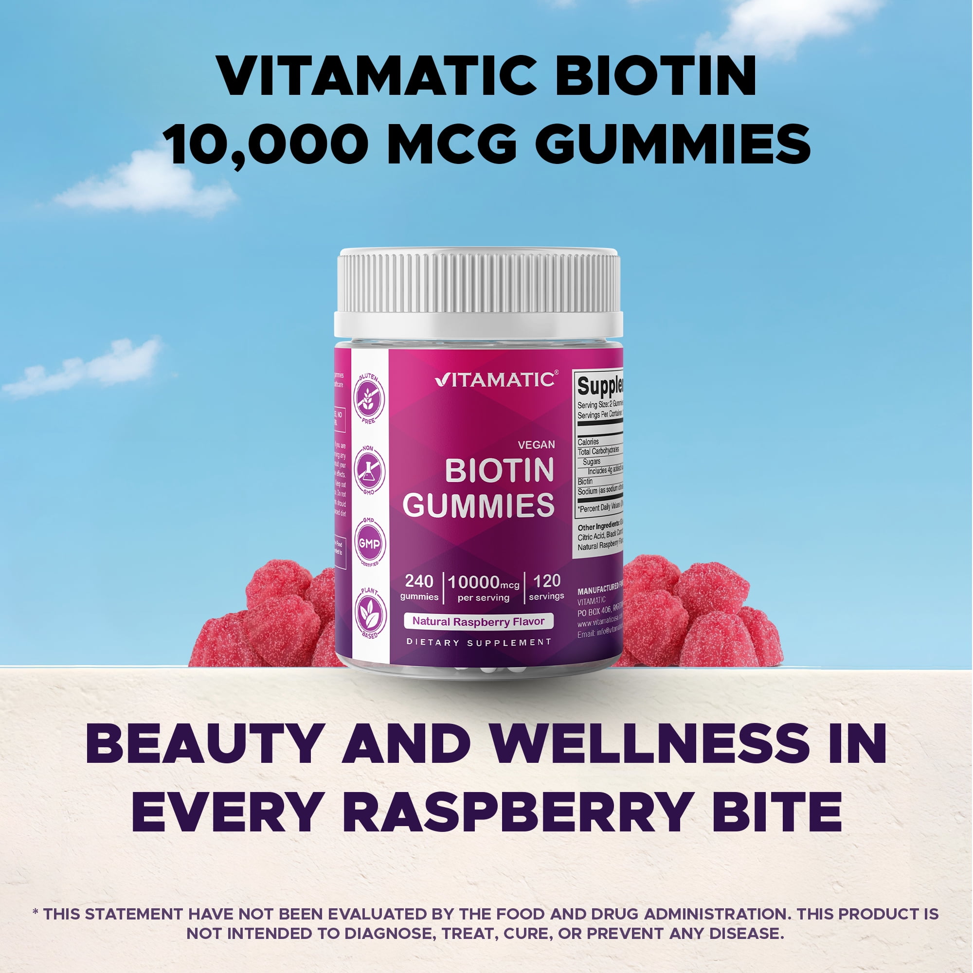 Vitamatic Biotin Gummies 10,000 mcg for Stronger Hair, Skin & Nails - 240 Vegan Gummies - Also Called Vitamin B7