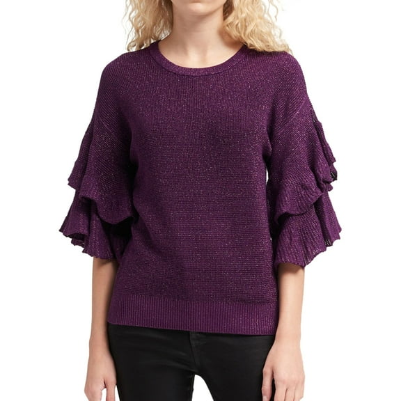 DKNY Womens Ruffle Sleeve Pullover Sweater, Purple, Small