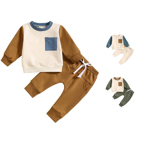 Toddler Boys Girls Long Sleeve Patchwork T Shirt Pullover Tops Pants Outfits Size 3-6 Months
