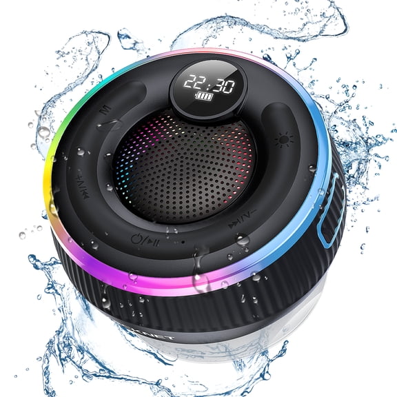TECKNET BASICS Bluetooth Shower Speaker, IPX7 Waterproof Portable with RGB Light, 10H Playtime, Built-in Mic & Suction Cup for Bath Beach - Black