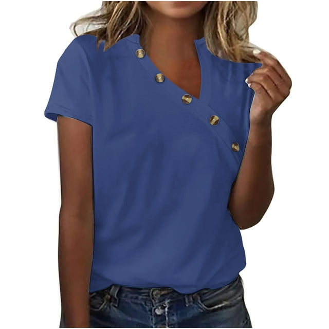 Jsaierl Womens Button Front Tops Solid Color Short Sleeve V Neck Shirts Basic Summer Relaxed Blouses Casual Going Out Holiday Tees