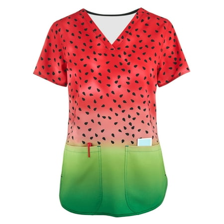 

yoeyez Scrub Tops Women Stretchy Women Tiy-dye Short Sleeve V-neck Tops Working Uniform Cartoon Print Blouse Uniformes De Enfermeras De Mujer