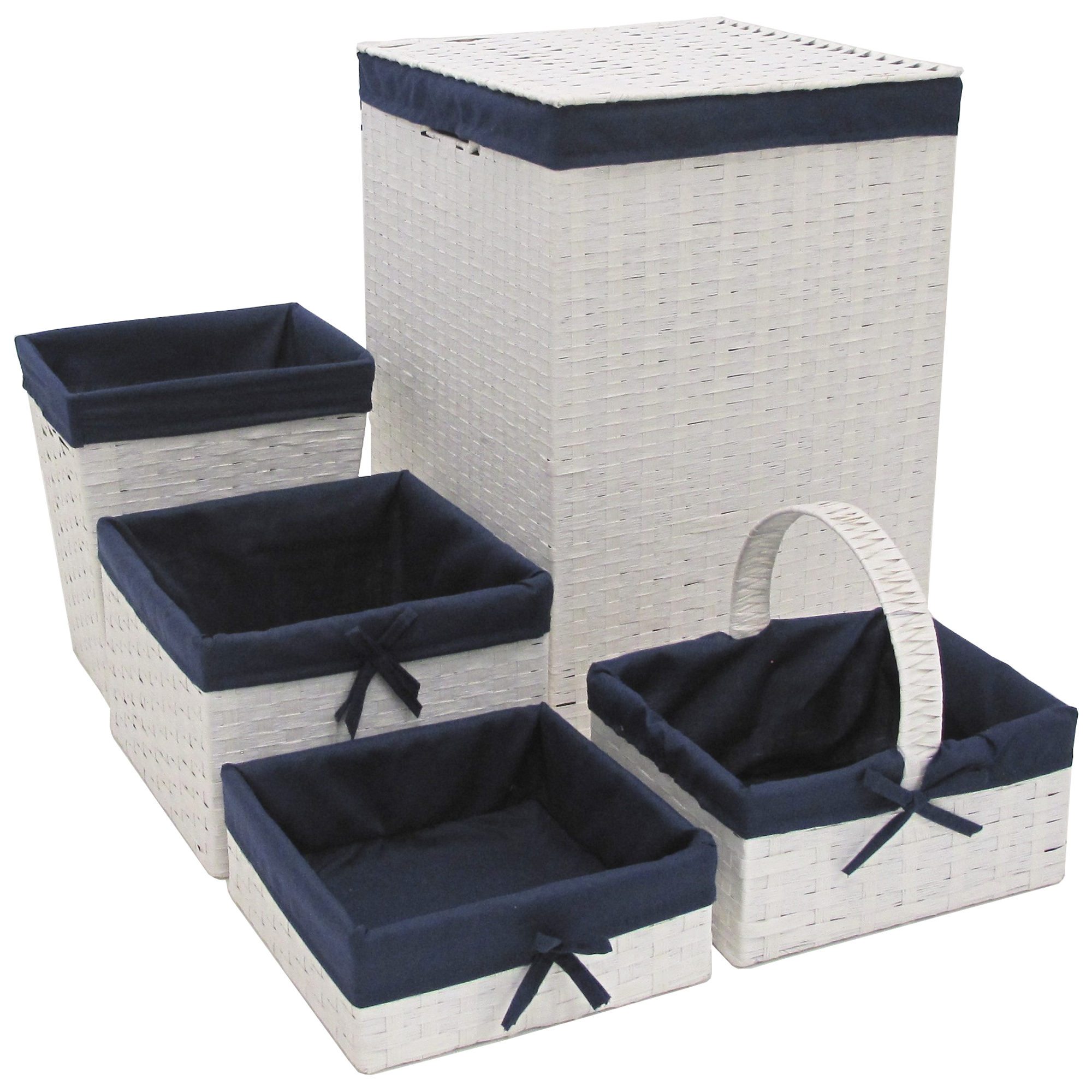 Five Piece Hamper and Basket Set, White and Navy