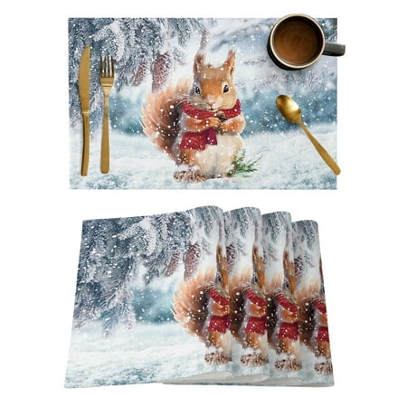 

6 Pcs Winter Snow Pine Cone Squirrel Kitchen Placemat Christmas Dining Table Decor Table Mat Home Decor Bowl Cup Mat