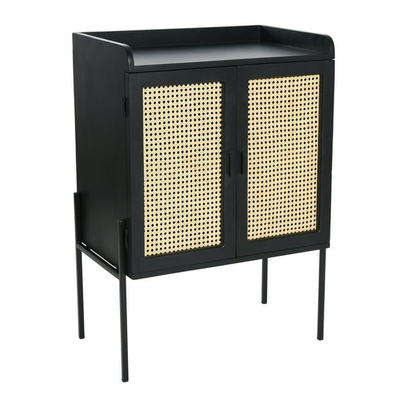 Creative Co-Op Solid Wood Bar Cabinet with Metal Legs and Woven Cane Doors, Black and Natural