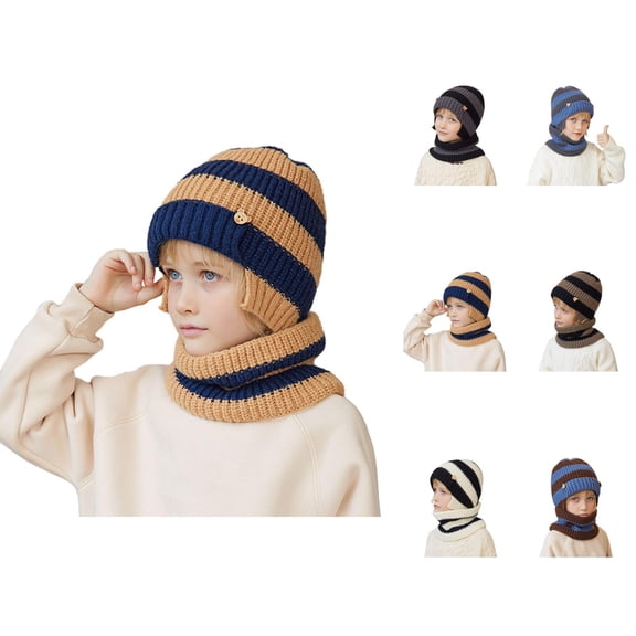 Kids Colorblock Knit Two-Piece Set – Warm Ear Protection Hat and Soft Neck Warmer for Cold Weather,Cozy Winter Accessories for Outdoor Play School Travel, Seasonal Gift Ideas Stocking Stuffers Ski