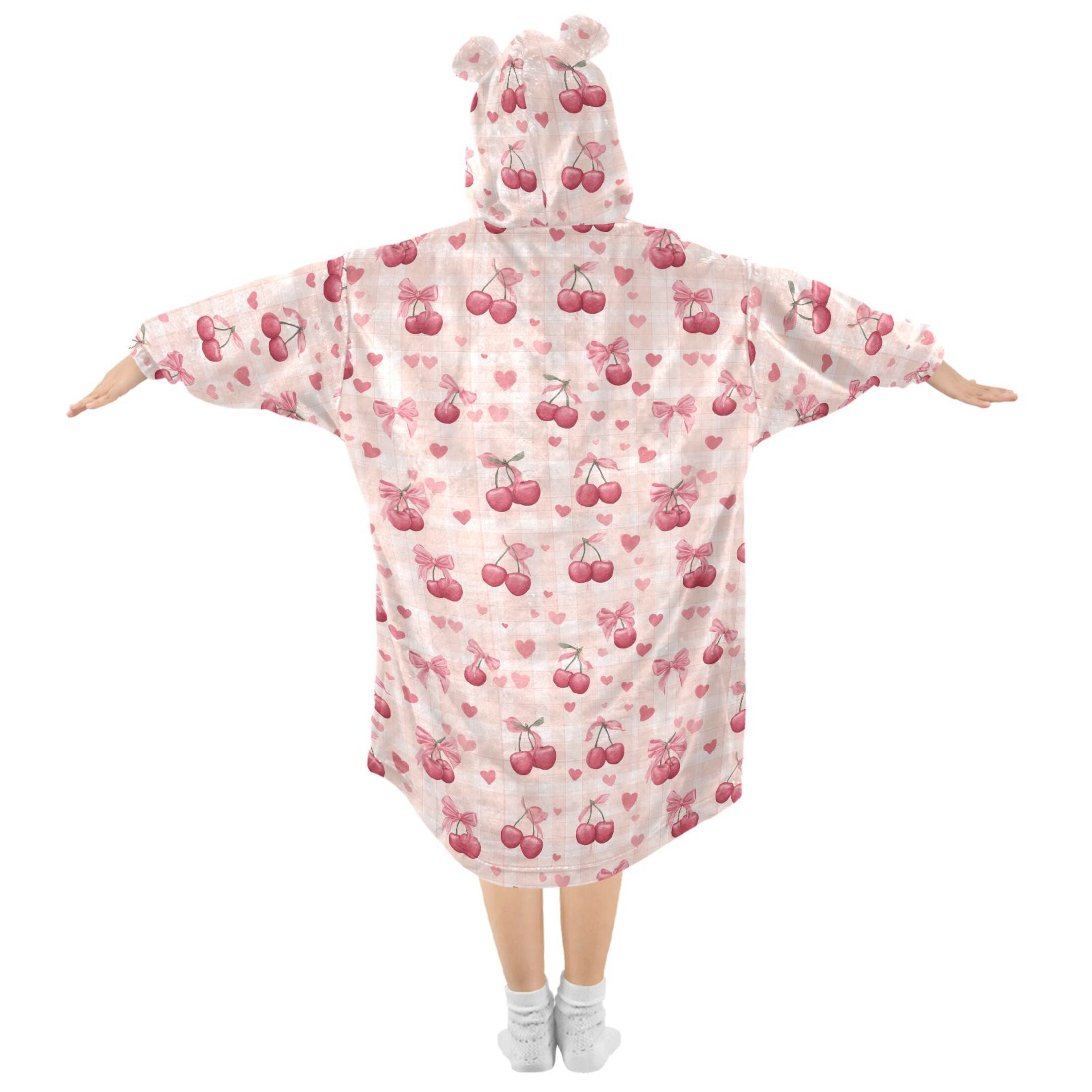 Wearable Blanket Hoodie for Kids Cute Pink Cherries with Bows Flannel Hooded Blanket with Pockets and Sleeves Suitable for Boys and Girls