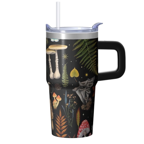 20oz Plant Print Tumbler with Handle and Straw, Insulated Stainless Steel Travel Mug for Hot Coffee and Iced Beverages
