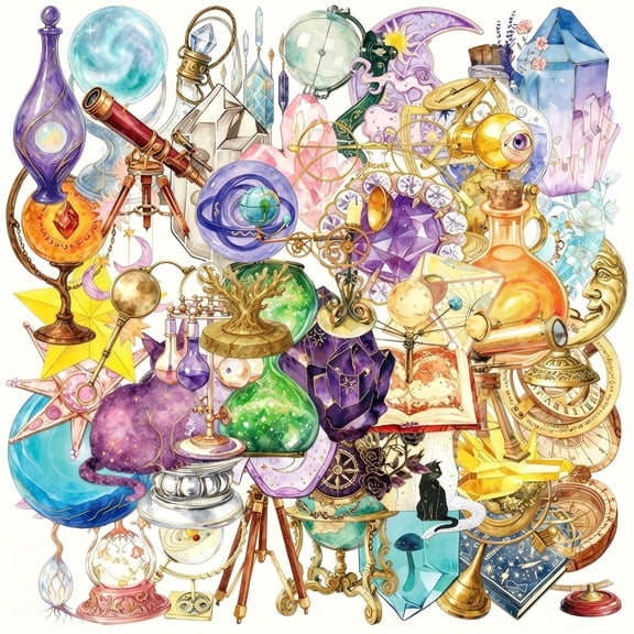 KAISA 50Pcs Magic Wizard Stickers,Aesthetic Witchy Celestial Decals for Scrapbooking,Waterproof Vinyl Stickers for Journaling Planner,Vintage Fantasy Stickers for Laptop Water Bottle Diy Crafts