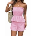 thumbnail image 2 of Women'S 2 Piece Striped Shirred Ruffle Strapless Bandeau Tops and Shorts Set Pink M, 2 of 8