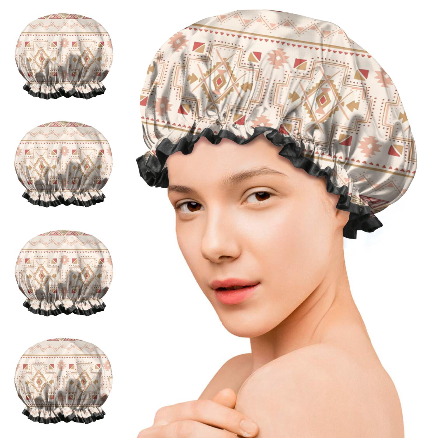 Shower Caps,Colorful Geometric Striped Pattern Waterproof Shower Cap for Women 4 Pieces,Double Reusable Hair Cover for Shower PEVA Elastic Stretch Hem