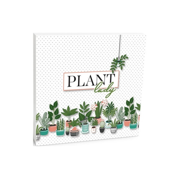 Plant Lady Green Potted Plants Dots 10 x 10 Wood Tabletop Sign Plaque