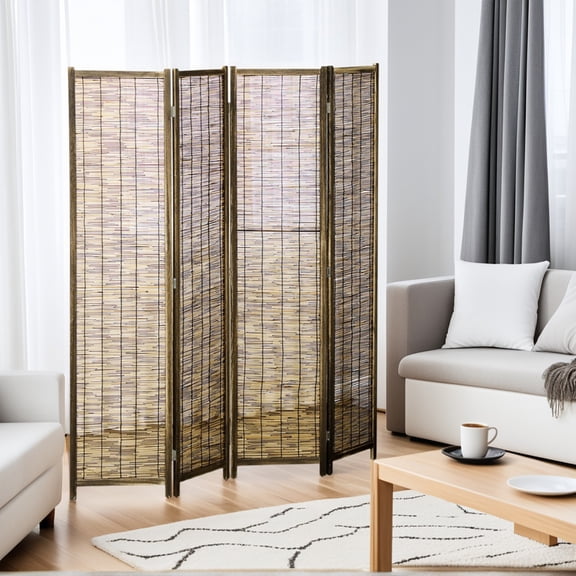 Spaco 63"x67"x0.75" Hand Woven Room Divider, 4 Panel Folding Privacy Screen, Reed Partition Wall for Indoor as Living Room, Entryway, Brown