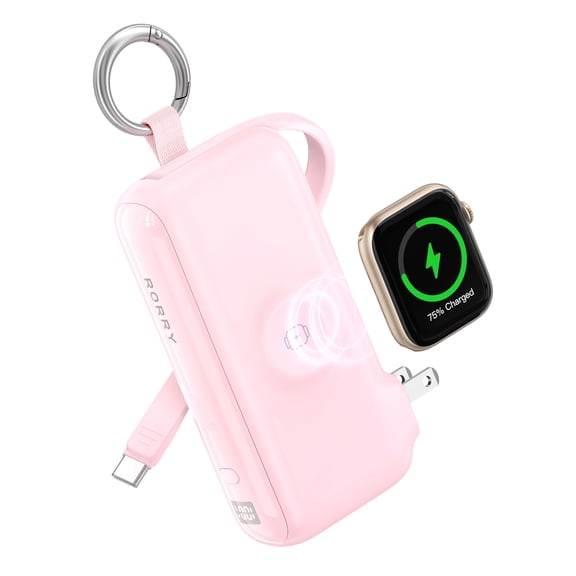 RORRY Flow 10000mAh Portable Charger with Built-in USB-C Cable & Foldable Wall Plug, 40W Fast Charging Power Bank Compatible for iPhone 17/16/15, Apple Watch, iPad, MacBook, Android, Pink