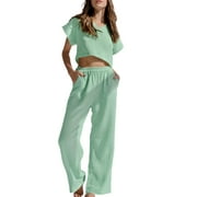 Boiiwant Women 2PCS Pajamas Set Solid Color Loose Short Sleeve Tops and Elastic Pants Soft Sleepwear for Nightwear Loungewear