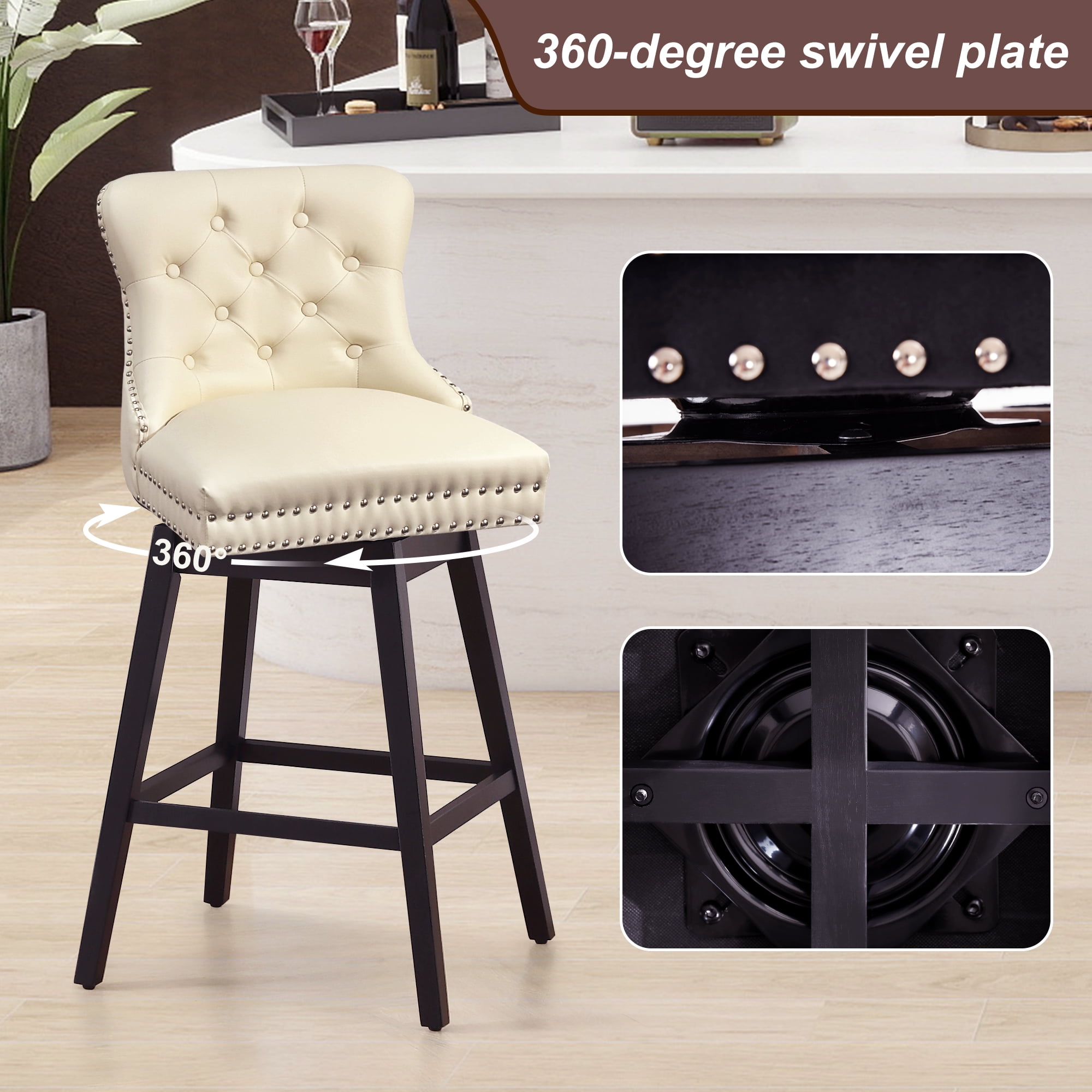 Tewloss 26" Swivel Bar Stools Leather Counter Height Chairs for Home Kitchen Dining, Beige