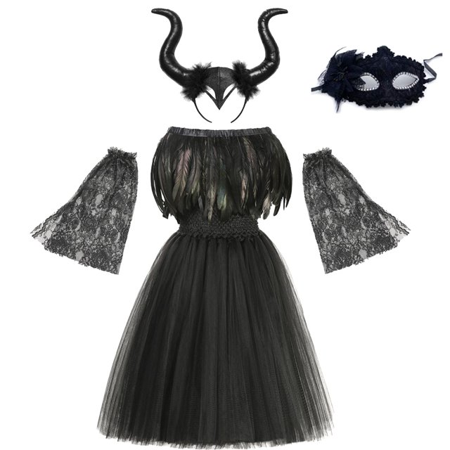 Maléfica disfraz de Halloween Cosplay niñas bautizo negro Glam fiesta graduación tutú vestido niños demonio reina bruja ropa Vestidos4-5Y Gao Jinjia LED