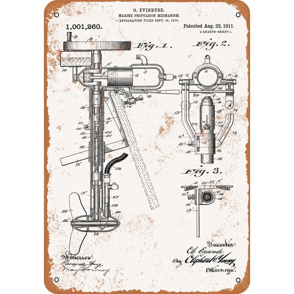7 x 10 METAL SIGN - 1911 Evinrude Boat Motor Patent - Vintage Rusty Look