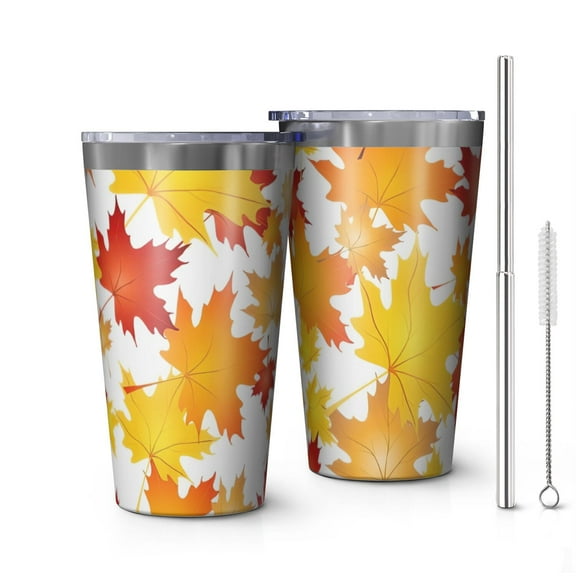 16oz Tumblers Autumn Fall Leaves Pattern Stainless Steel Vacuum Insulated Double Wall Travel Tumbler Cups Mug with Lid and Straw,Cleaning Brush for Coffee,Tea