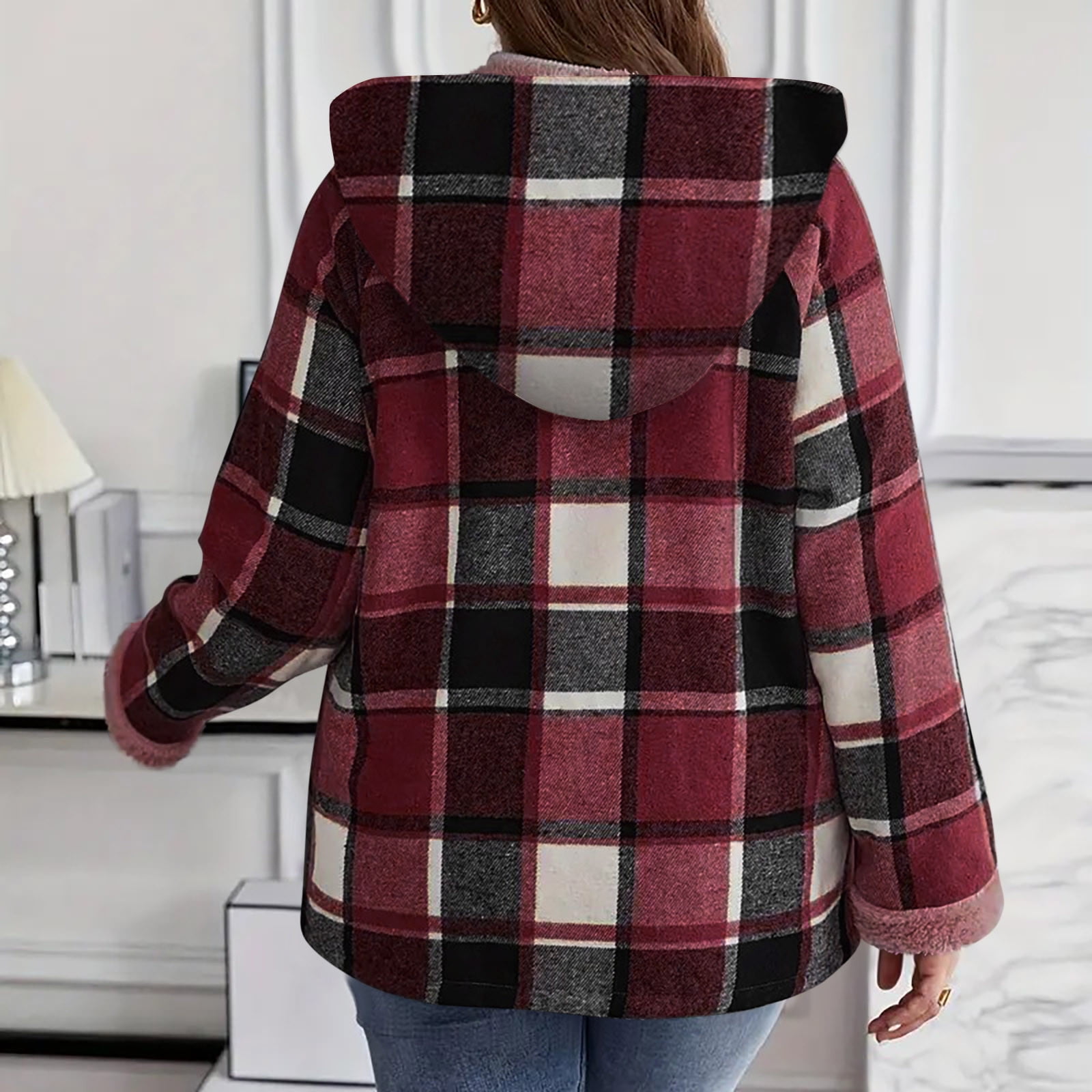 Womens Winter Coats Plaid Woolen Full-zip Hooded Jackets with Sherpa Lined Thick Warm Faux Shearling Outerwear (2XL, Hot Pink)